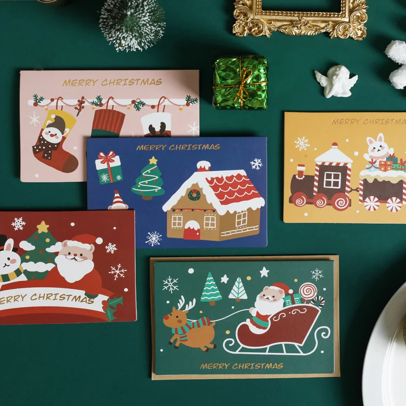 10PCS Christmas cartoon greeting card, gift decoration card, Christmas Eve thank you greeting card with envelope, random style