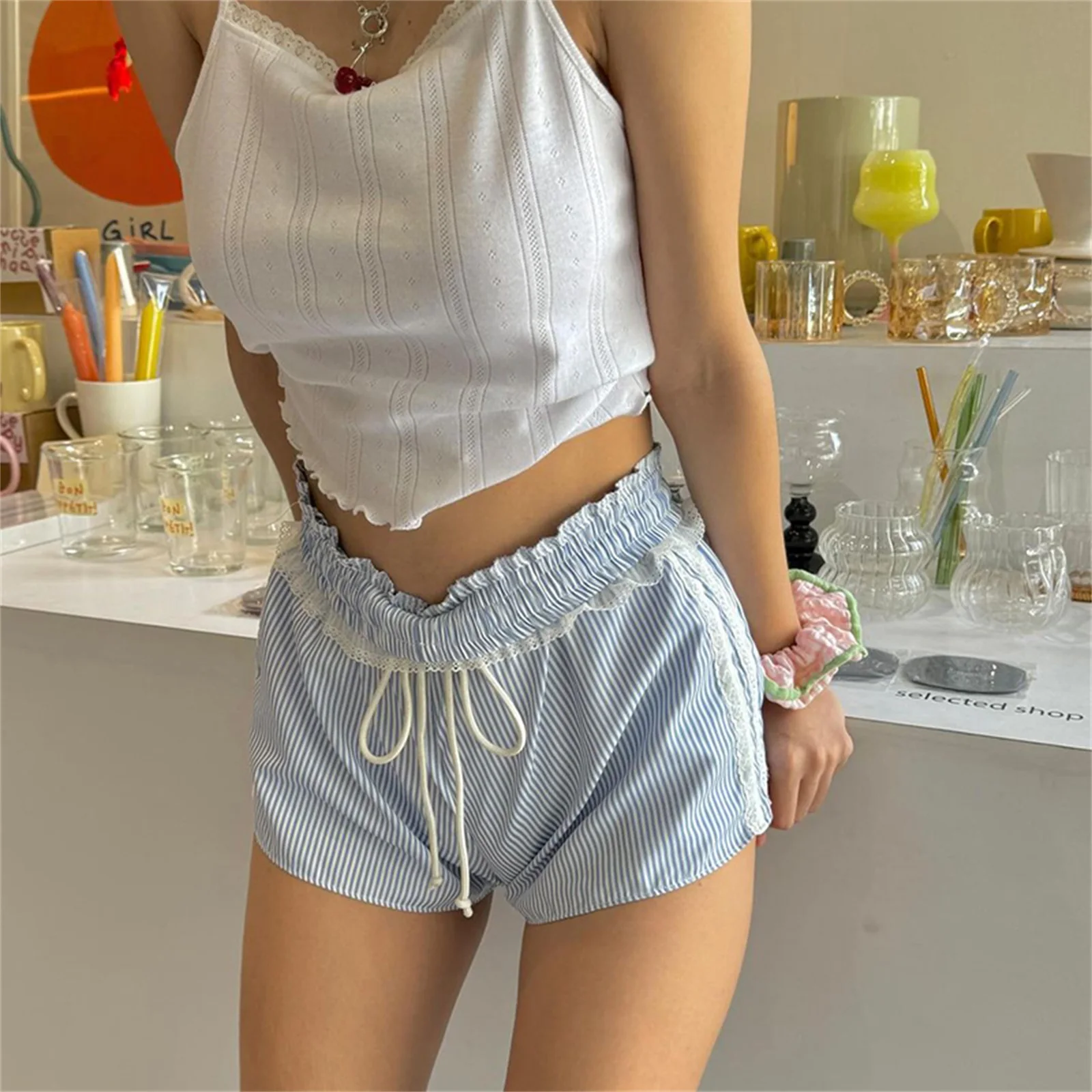 Puloru Hotsweet Striped Shorts Women's Summer Lace Trim Elastic Waist Drawstring Casual Shorts For Streetwear Lounge Bottoms_ecoleips.com