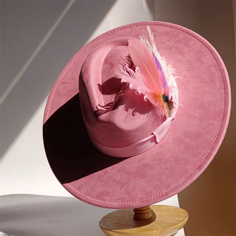 Lila Federn Wildleder Zylinder 9,5 cm breite Krempe Fedora Hut Männer Frauen Herbst Winter Filz Jazz Hüte klassische Kirche Fedoras Sombrero – Detail 23
