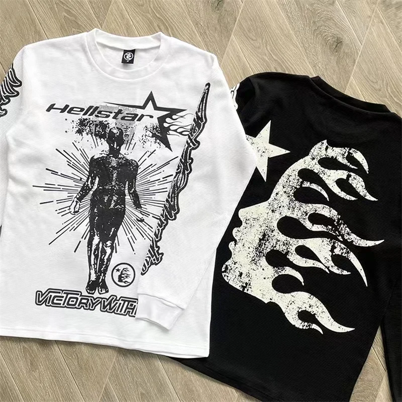 

New Classic Black White Hellstar T-shirt American Trend Flame Big Logo Print Long Sleeve T Shirt Autumn Loose Men Women Top Tee