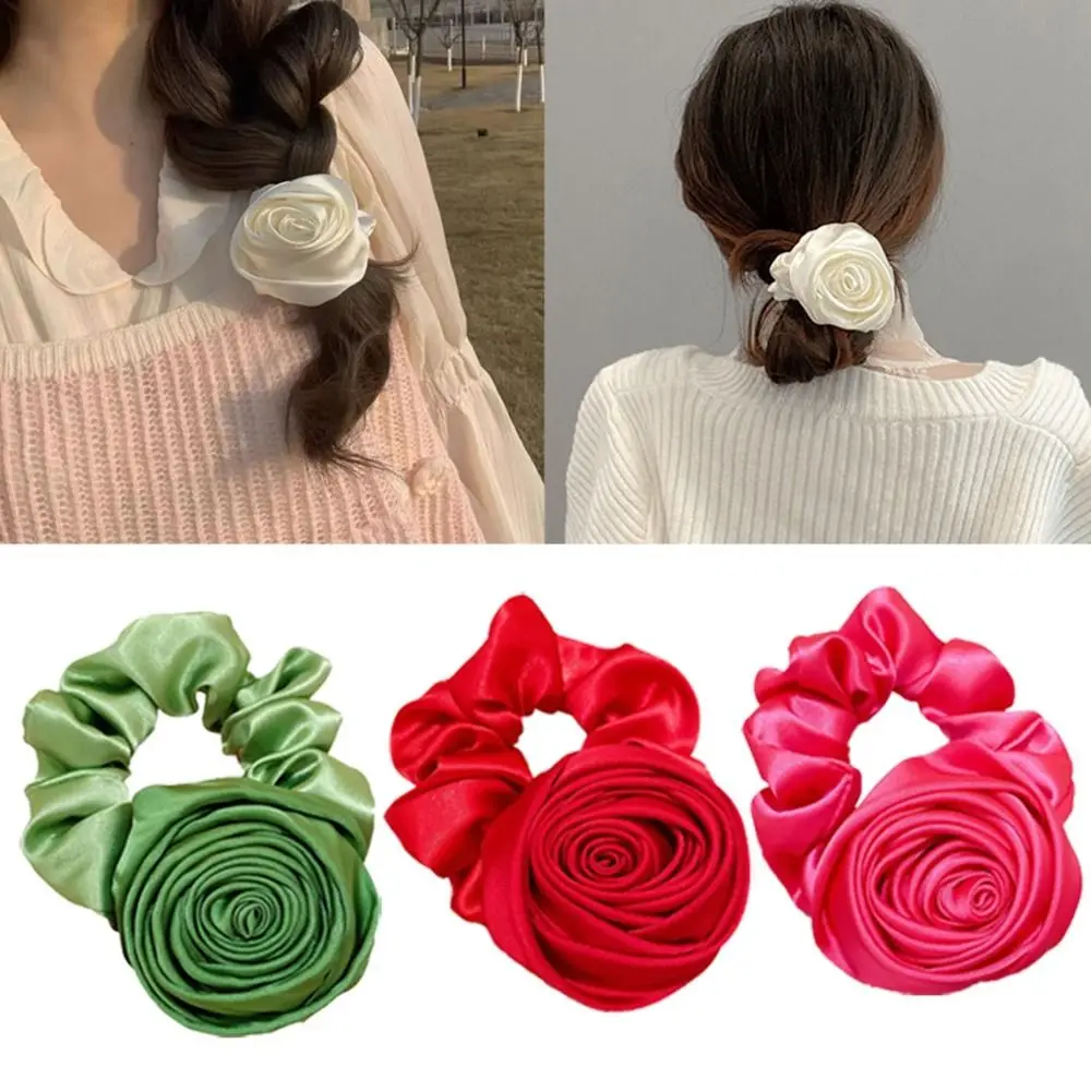 

3PCS Retro Women Girl Satin Gloss Ponytail Holder Hair Scrunchie Hair Bands Flower Hair Ring Rose Hair Rope