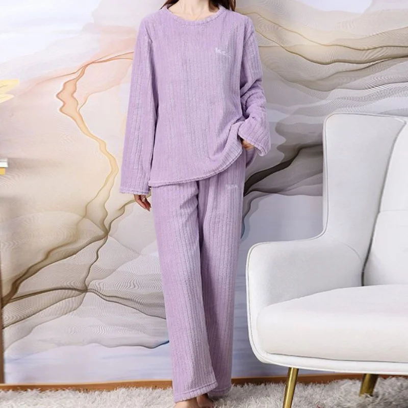 Autumn Winter Flannel Pajamas Women's Two-piece Loose Casual Homewear New O-neck Women's Striped Coral Fleece Simple Pajamas