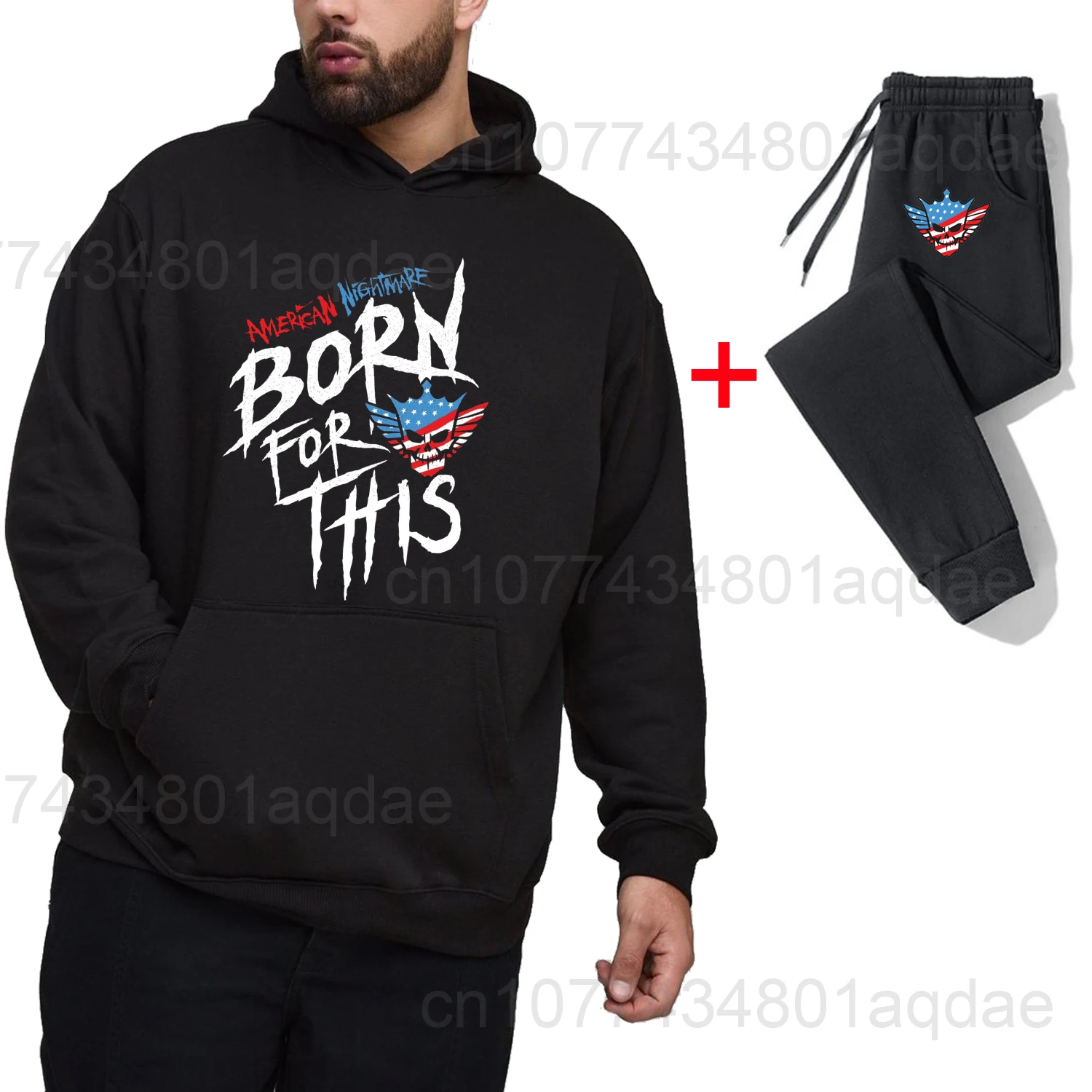 2025 Autumn/Winter New Hot Wrestling Fans Men's Cody Rhodes Black pullover casual pants street casual sports fashion black set 6