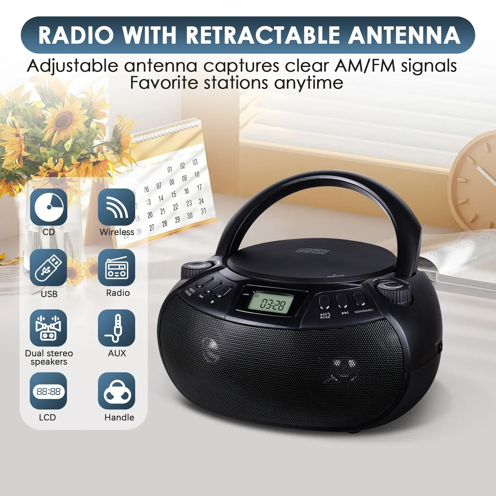 Portable CD Player Boombox with AM/FM Radio, Wireless Connectivity, USB/AUX Input & Stereo Speakers - Supports CD/CD-R/CD-RW/MP3 - 3