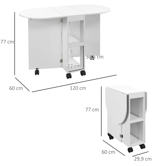 HOMCOM tavolo da pranzo pieghevole con ruote carico 80 kg 120x60x77 cm bianco 3