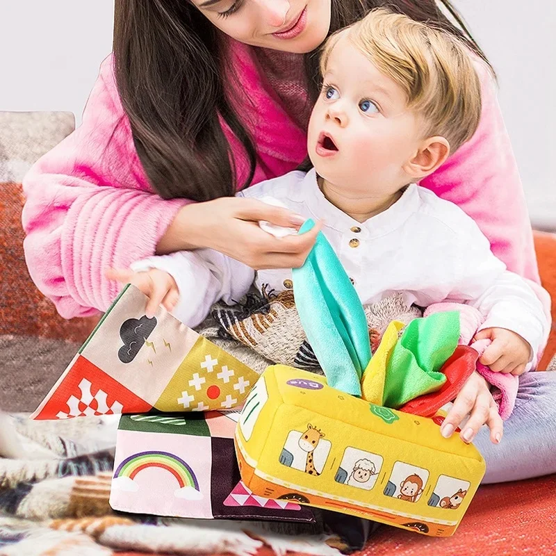 

Montessori Infant Early 3-12 Months Intelligence Education Sensory Tear Unbreakable Tissue Box Finger Exercise Ring Paper Toy.