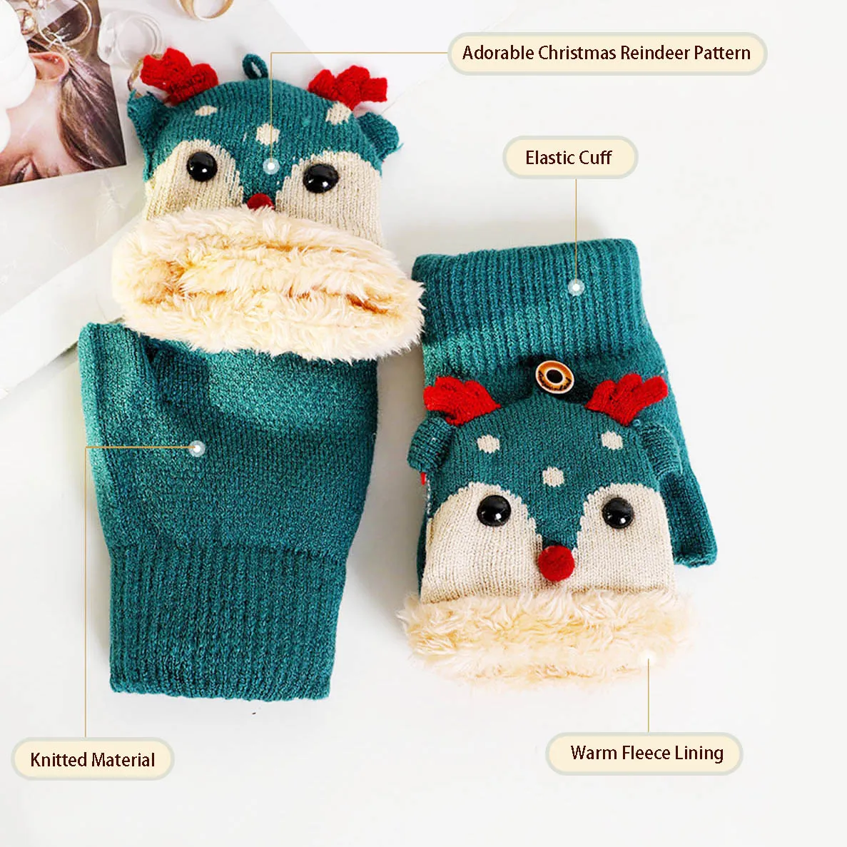 Winter Gloves Christmas Reindeer Pattern Knitted Gloves Half-Finger Flip-Top Design with Plush Fleece Lining for Women Girls