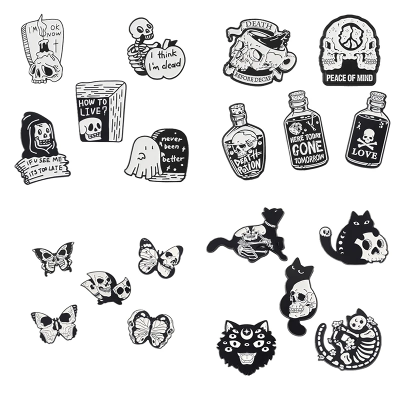 

5pcs /Set Black Series Punk Enamel Pin Skeleton Skull Gothic Style Brooches On Clothes Backpack Decorative Pin Jewelry Gifts