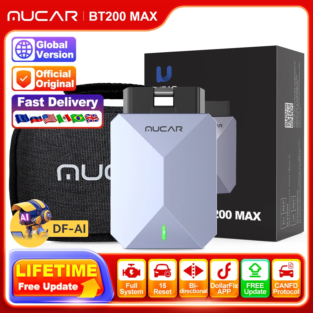 MUCAR BT200 MAX Automotive OBD2 Scanner All System 15 Reset Bidirectional Control CANFD Free Lifetime Car Diagnostic Tools