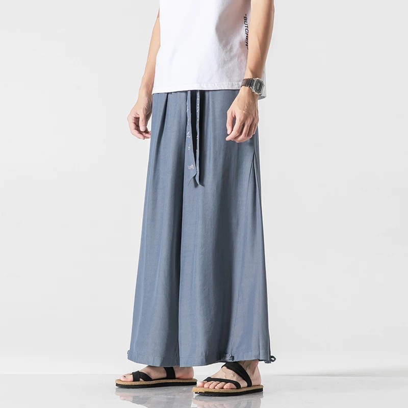5XL Light Blue Chinese Style Wide Leg Trousers Streetwear Loose Cotton And Linen Hakama Black Wide Pants For Mens Japanese Zen
