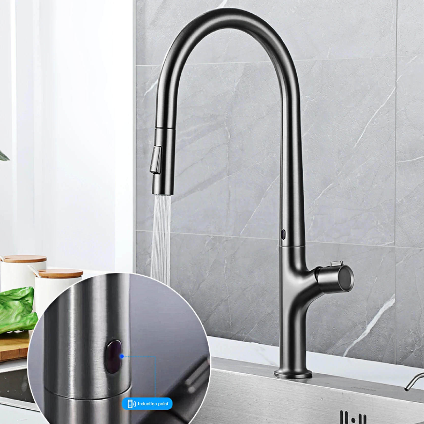 Modern style gun gray pull-out kitchen faucet with 1 handle for hot&cold water intelligent sensing and 2 functions for sink Tap 5