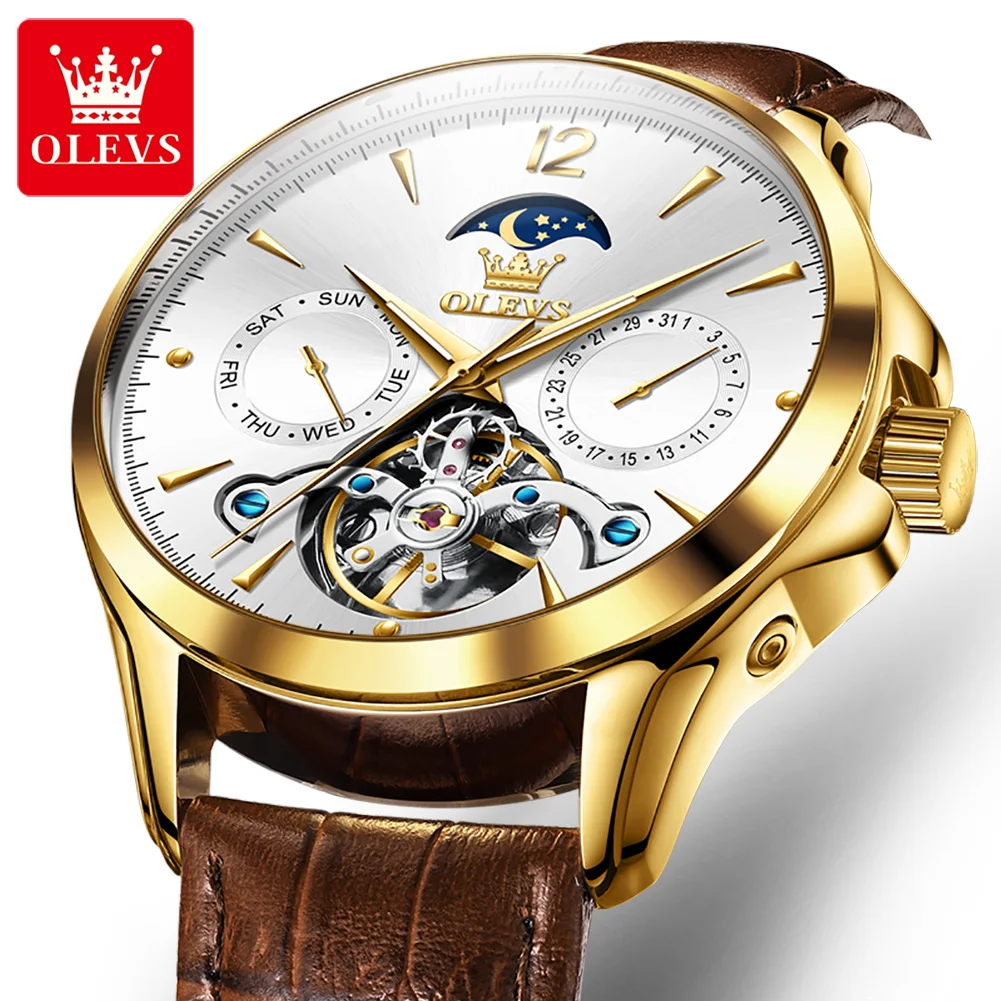 

OLEVS Men Luxury Tourbillon Mechanical Watch Leather Strap Waterproof Luminous Automatic Business Mens Watches Relogio Masculino