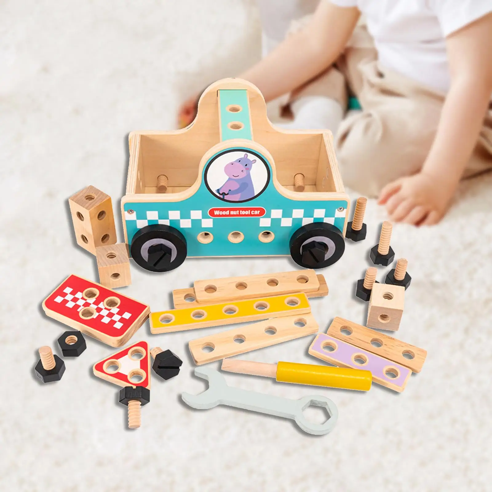 Wooden Repair Tool Box Montessori Tool Set Wooden Tool Basket Toy Wooden Building Set for Children Toddler Boys Girls Ages 3-6