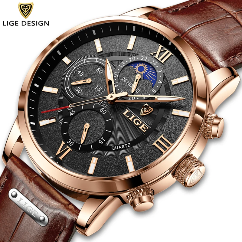 LIGE Luxury Men's Waterproof Luminous Leather Quartz Wristwatch