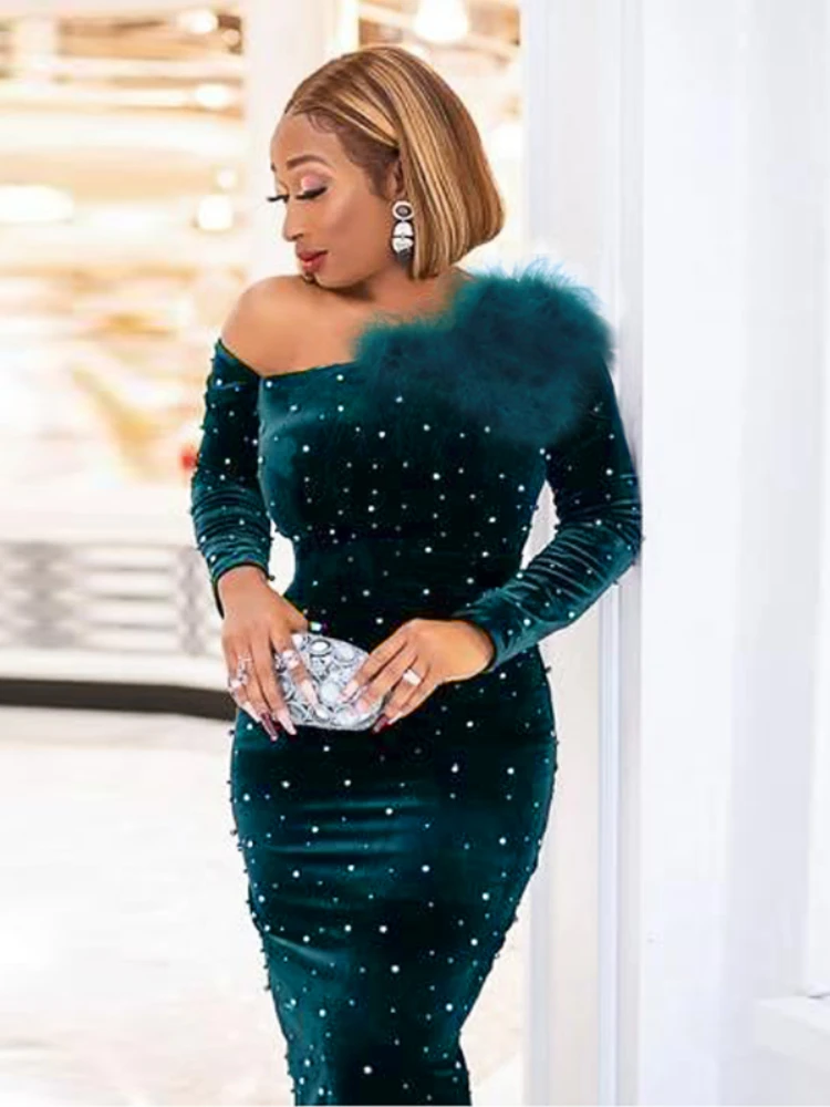 

Velvet Bodycon Dress for Women Feather Shiny One Shoulder Sexy Night Out Date Birthday Sequined Glitter Vestidos Gowns 2024 New