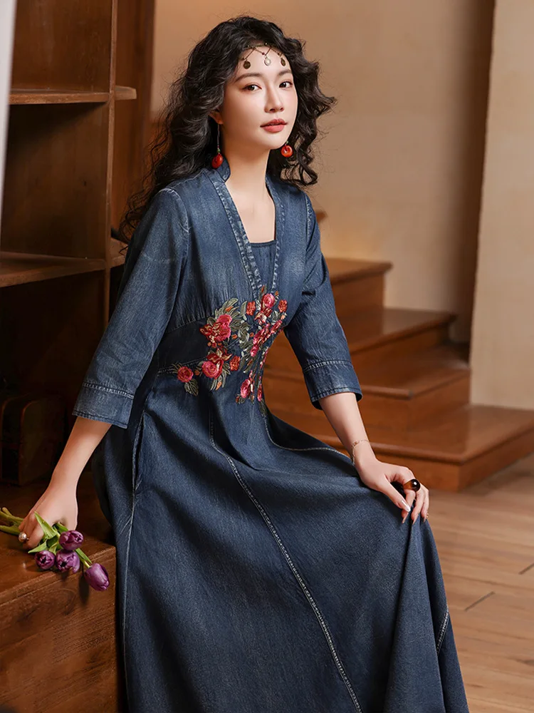 TIYIHAILEY Women Denim Dresses Long Mid-Calf Spring Summer M-3XL Chinese  Style Embroidery Square Collar New Vintage 2025 - AliExpress 200000345