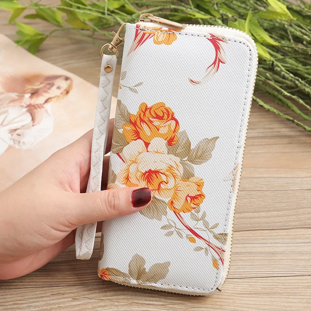 Women Wallet Rose Print Long Handbag Fashion Wild Zipper Clutch Multi-card Purse Card Holder