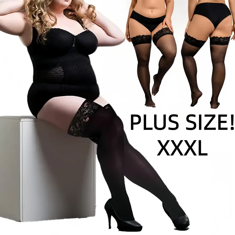 NEWJOINFUN Plus, große, rutschfeste Strümpfe, sexy, knielange, lange Spitzenstrümpfe für große Frauen, schwarz, weiß, 3XXXL, 4XL.