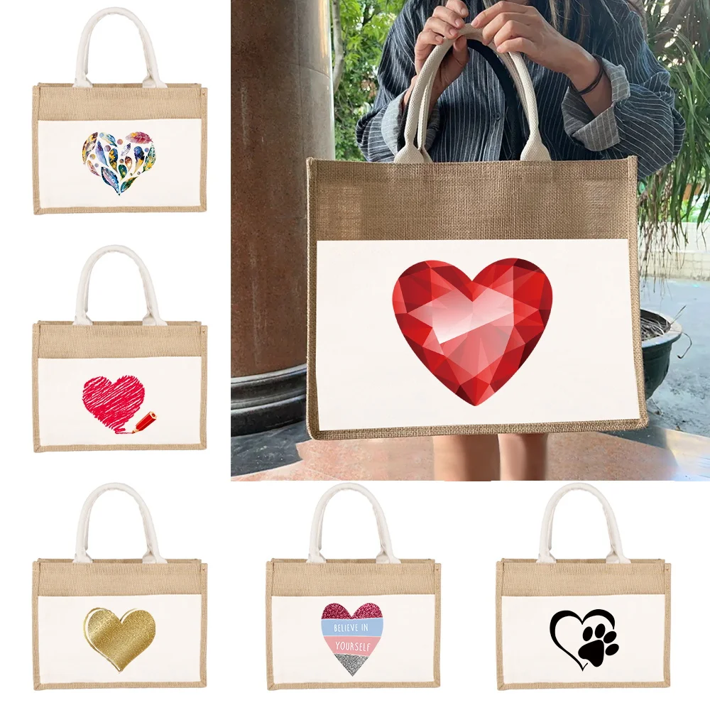 

Shoulder Bag Jute Imitation Sacks Linen Bags Storage Bag Picnic Bag Shopping Pouch Handbag Laminated Pouch Love Themed Series