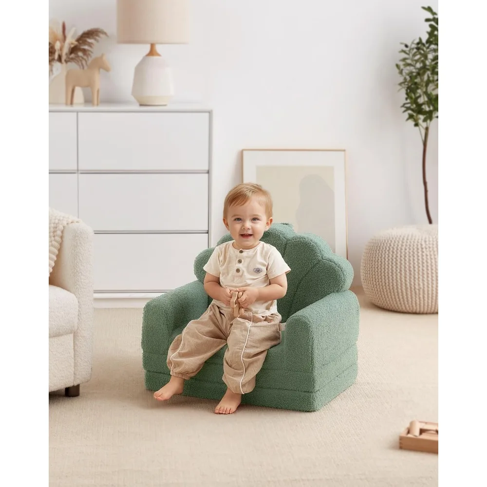 Kids Couch, 2-in-1 Soft Toddler Couch Fold Out, Toddler Chair Comfy, Convertible Sofa to Lounger with Cute Shell Designs, Green 6