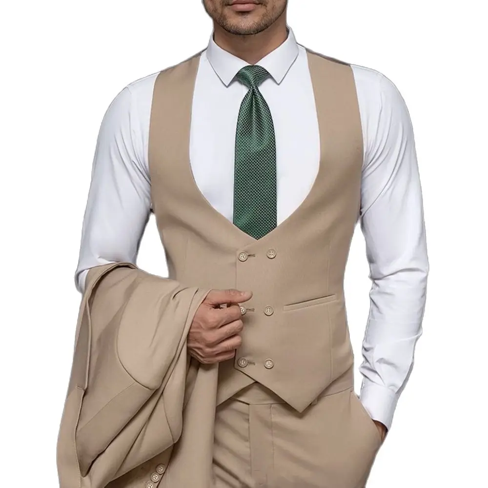

Classic Khaki Men Suits Tuxedos 3 Pieces Slim Peaked Lapel Party Wedding Groom Smart Casual Daily Coat Vest Pants Costume Homme