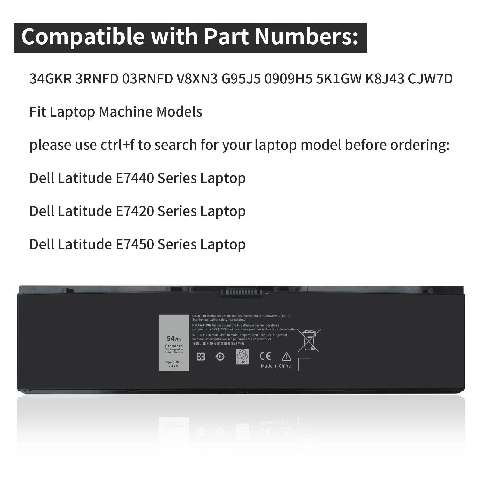 High Capacity 54Wh E7440 3RNFD Battery Replacement for Dell Latitude 14 E7450 E7420 Series Laptop V8XN3 34GKR 451-BBOG BBFV 7.4V laptop battery