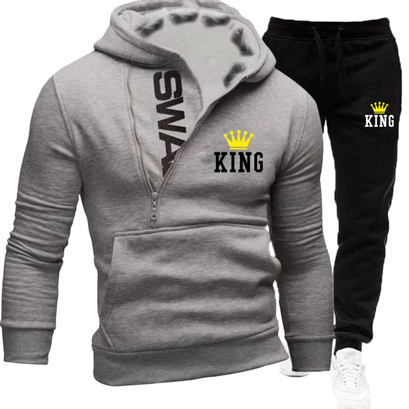 New Leisure Set King Crown Print Set Men's Hooded Sweater+Sports Pants Sports Set Youth Leisure Set