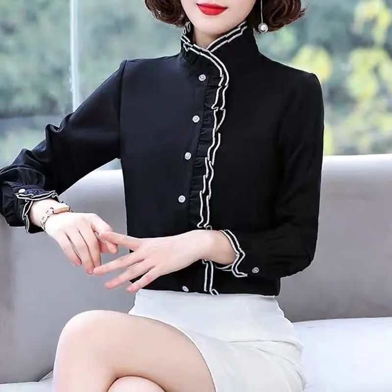 Lace Ruffles Chiffon Shirts Women's Clothing 2023 Autumn Winter New Office Lady Long Sleeve Pullovers Vintage Elegant Blouse 3XL