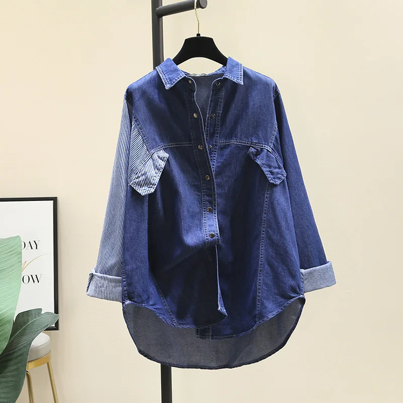 

SuperAen Korean Design Stripe Panels Dark Blue Denim Shirt Jacket Women's Autumn 2023 New Loose Shirt Top