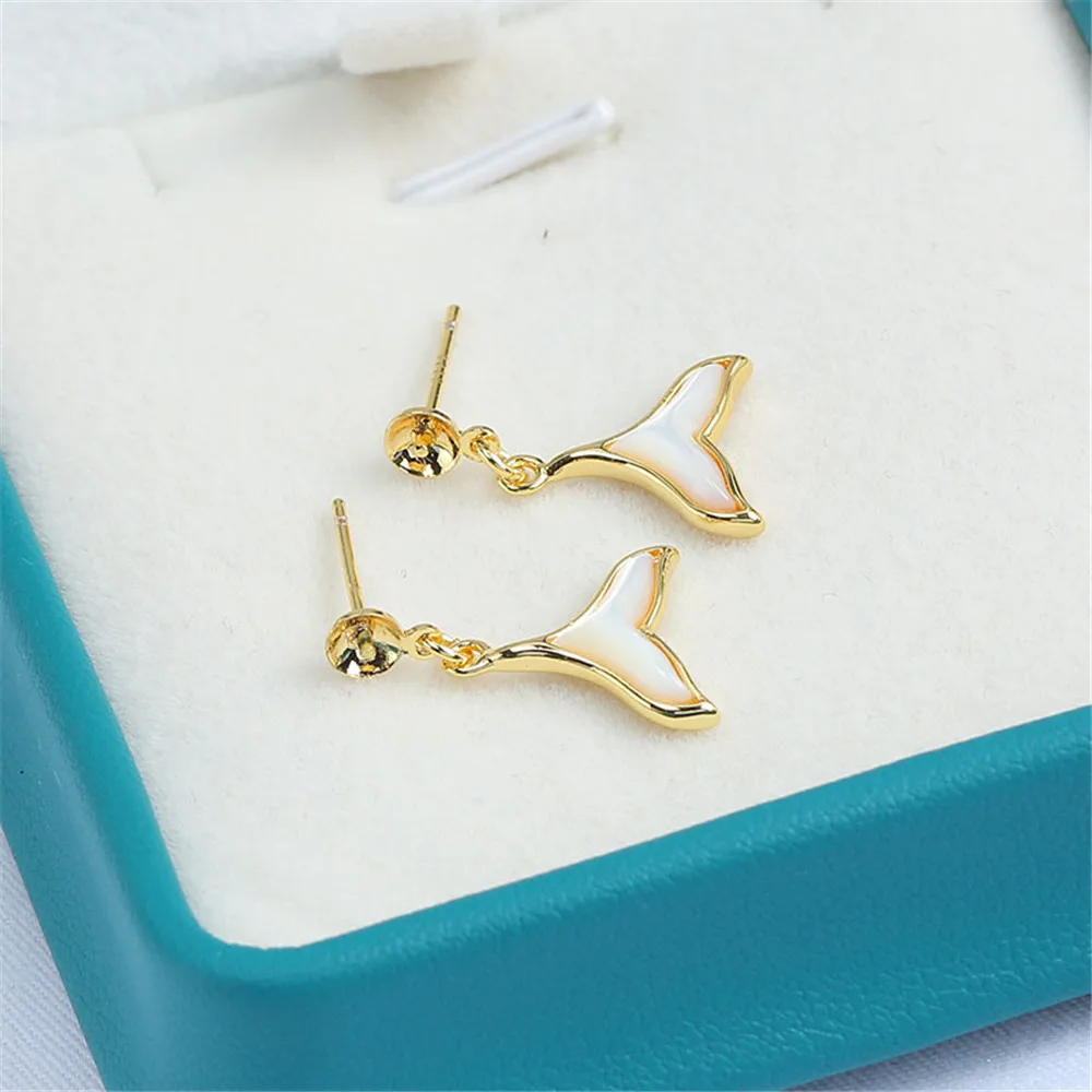 S925 Silver Needle Shell Fish Tail Pearl Earrings 14K Gold Wrapped Ear Studs with Empty Support DIY Accessories