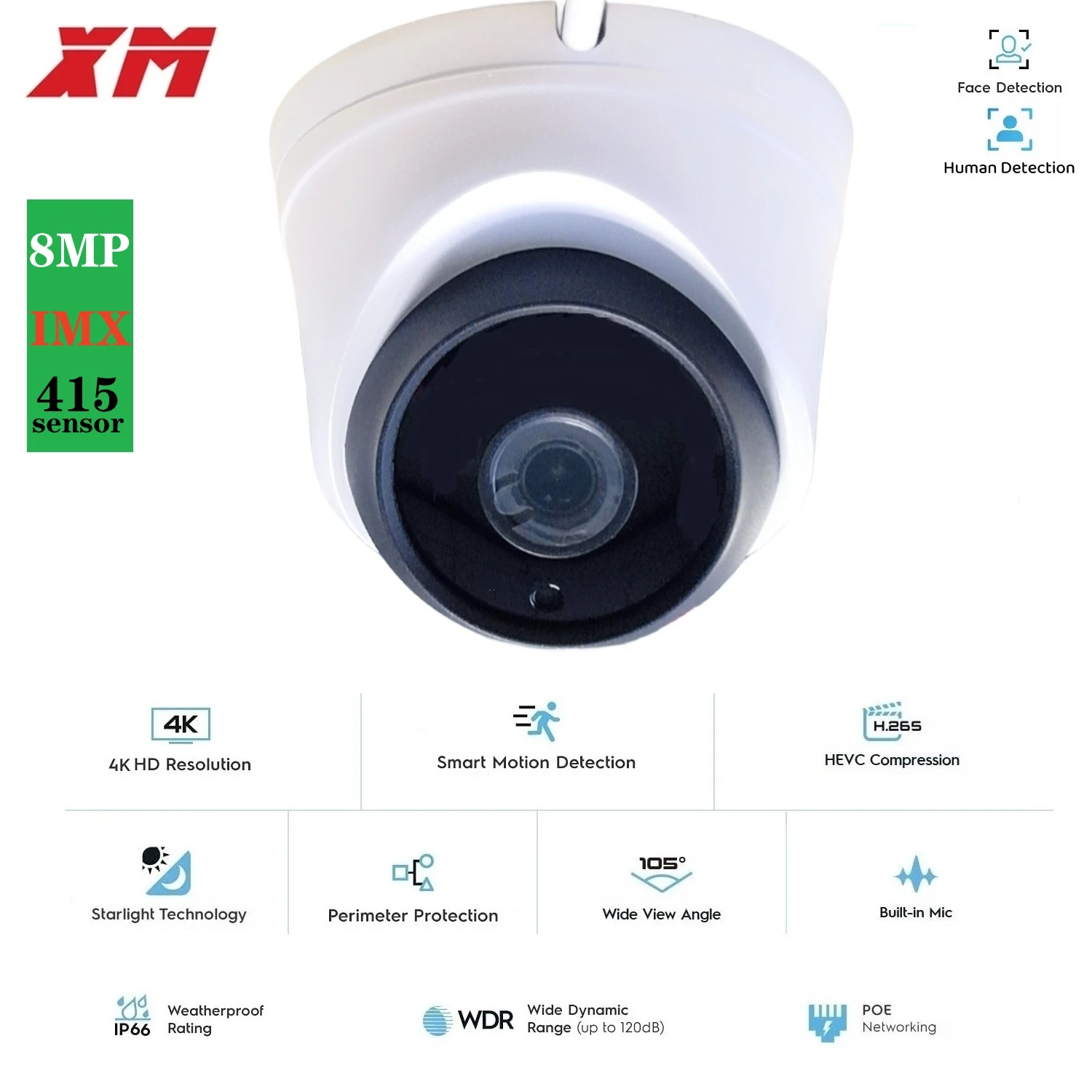 IMX415 8MP H.265 IP Camera Onvif Audio 48VPOE/DC12V 6MP Night Vision Dome WaterProof security camera for NVR with One key reset