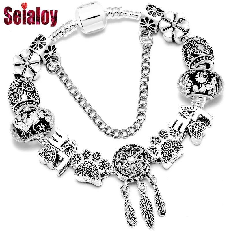 Bracelet Jewelry Bear Dreamcatcher Feather Charm Bracelets For Women Men Crystal Flowers Beaded Bangle Gift