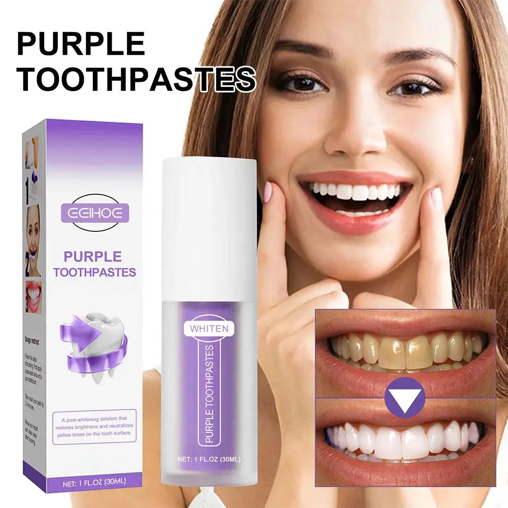 

Teeth Whitening Toothpaste Mousse Purple Toothpaste Yellow 30ml Stains Breath Fresh Remove Dental Bleaching Professional T7E7