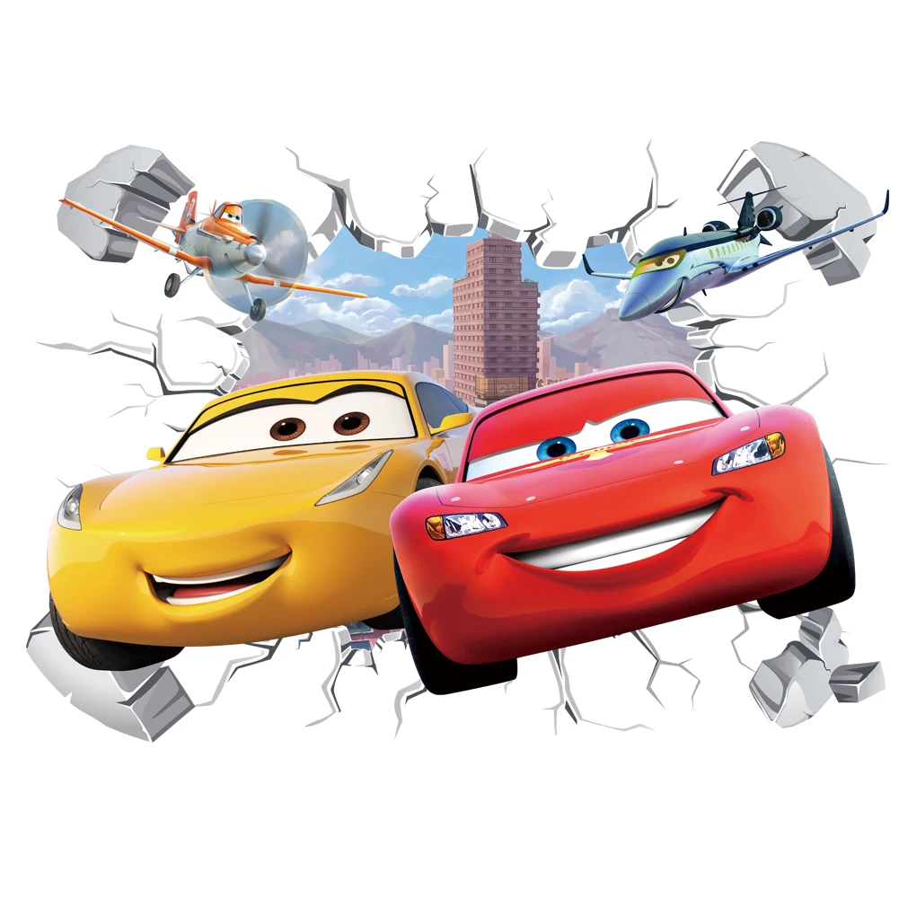 3D Brokenwall Lightning McQueen Cartoon Cars Wall Decor Decals Luminous Wall Stickers Vinyl Decal Stickers Boy Bedroom Kid Room Wallpaper Poster Mural Wall Stickers