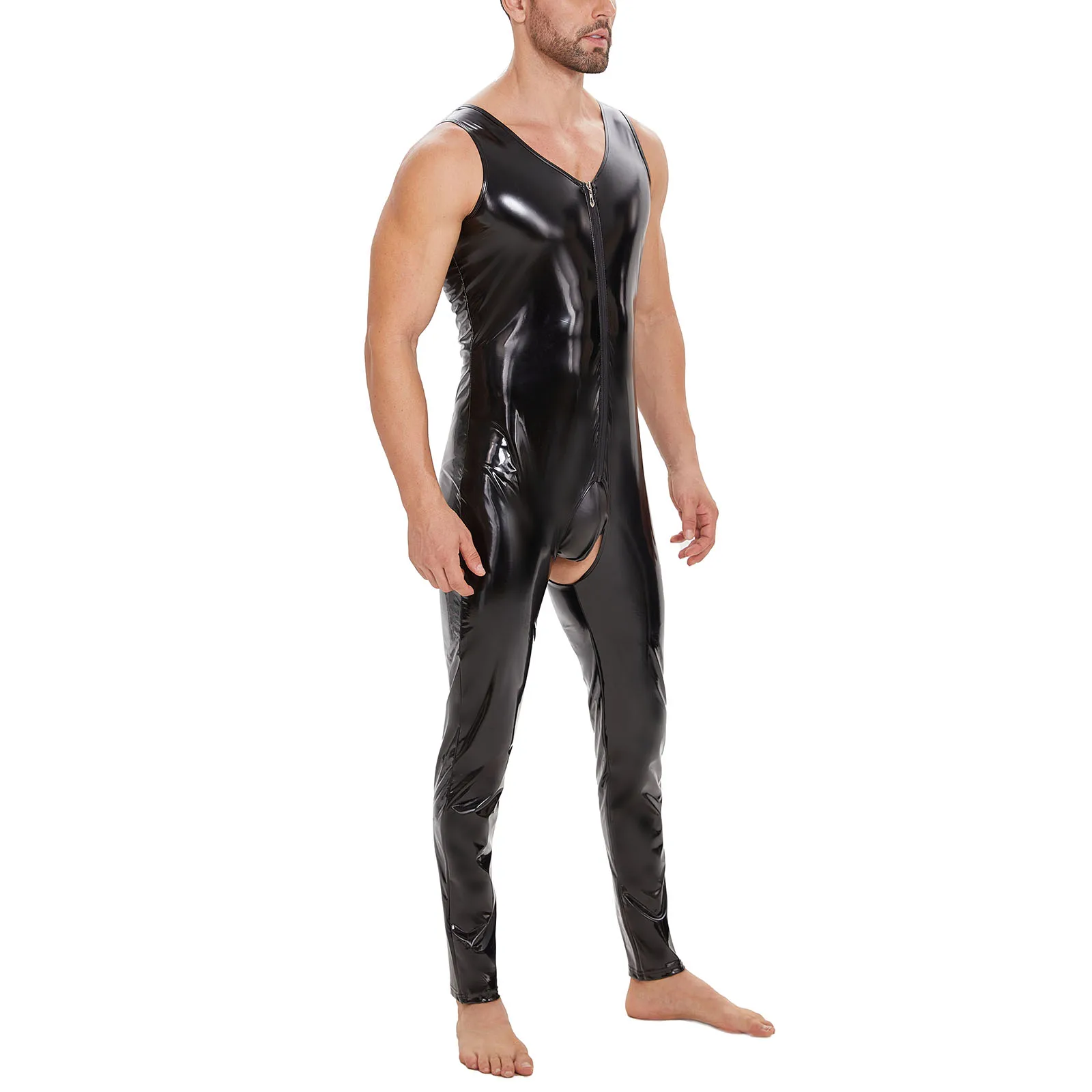 Mens Sexy Open Crotch Leather Jumpsuit Glossy PVC Leather Tank Leotard Zipper Open Breast Latex Bodysuit Crotchless