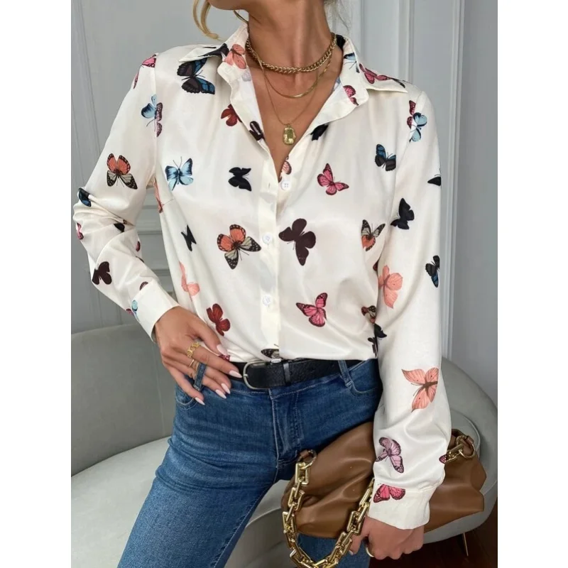

Fashion Korea Blouse Women's Top Printed Long Sleeved Shirts Butterfly Printed Lapel Elegant Shirt Blusas Mujer Camisas