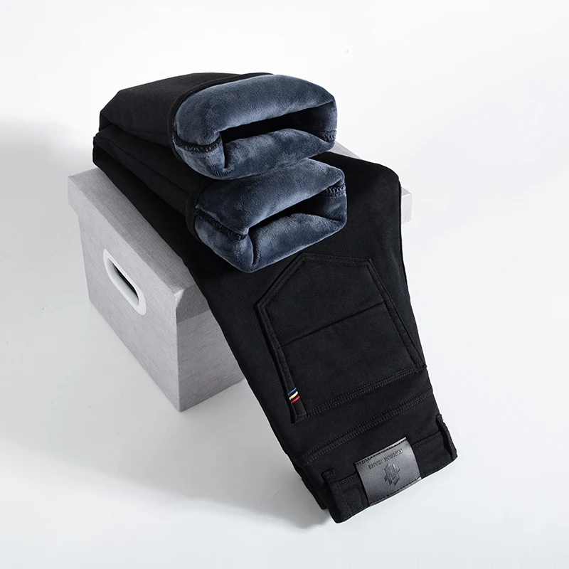 

Winter Warm Fashion Black Elastic Business Casual Straight Denim Fleece Men's Slim Jeans Thicken Pants Brand Man Clothing