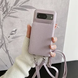 Leather Litchi Wallet Phone Case with Shoulder Strap and Card Holder Stand for Pixel 5A (PURPLE)
