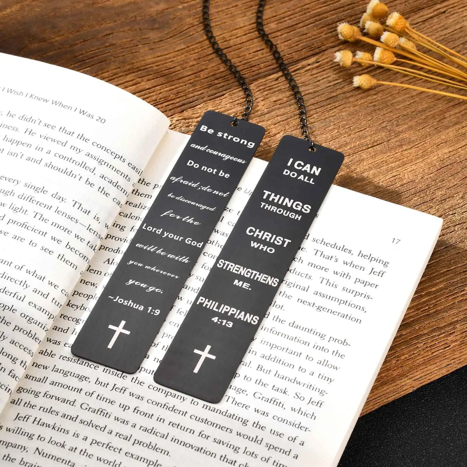Inspirierendes Schrift-Lesezeichen für Männer und Frauen, schwarzes Edelstahl-Lesezeichen mit langen Streifen, Geschenk für Leser – Detail 1