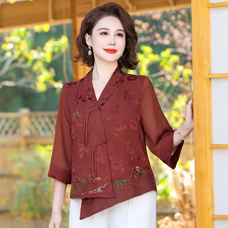

2024 Women's Fashion Summer New Casual Style Natural Mulberry Silk GuanLe Satin Three-quarter Sleeve Round Neck T-shirt