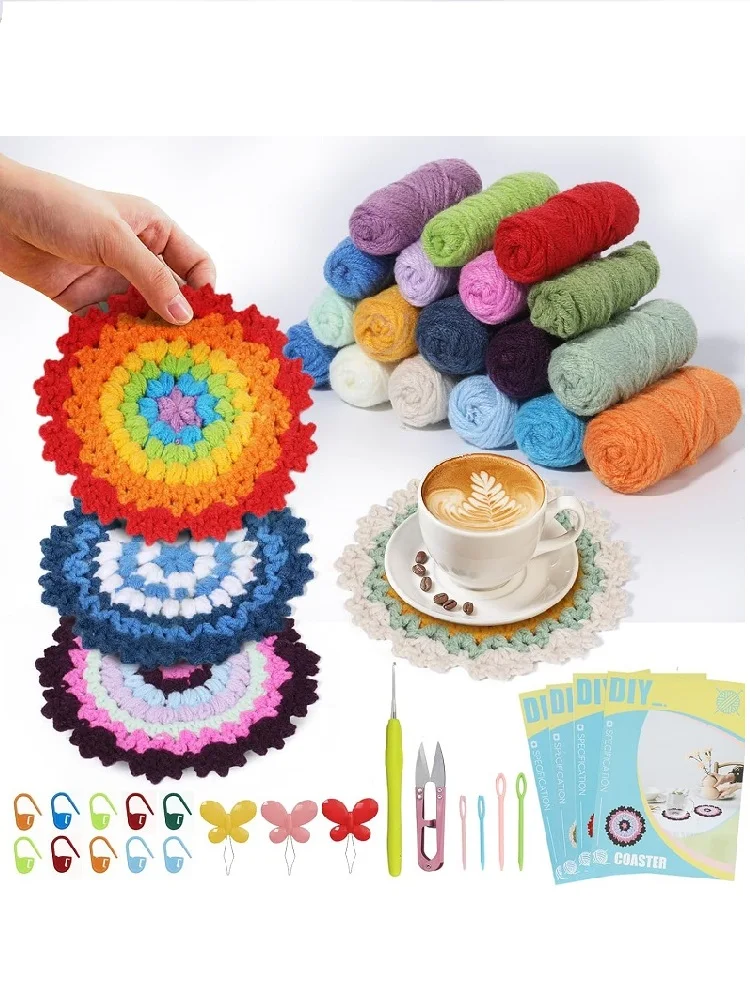 Various Crochet Hook Coasters Kit Knitting Material Kit Crochet Supplies with Soft Yarn Video Tutorials for Adults and Starter crochet yarn crochet kit knitting supplies knitting material