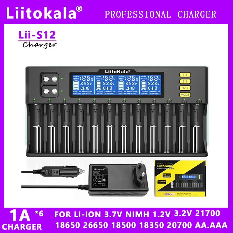 

LiitoKala Lii-S12 12-Slot 18650 LCD Battery Charger For 20700 26650 21700 14500 10440 16340 1.2V 3.7V 4.2V Lion Battery