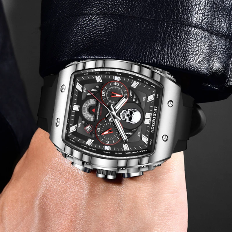 LIGE Top Brand Men's Watches Luxury Square Quartz Wristwatch Waterproof Military Chronograph Watch For Men Relogio Masculino+BOX