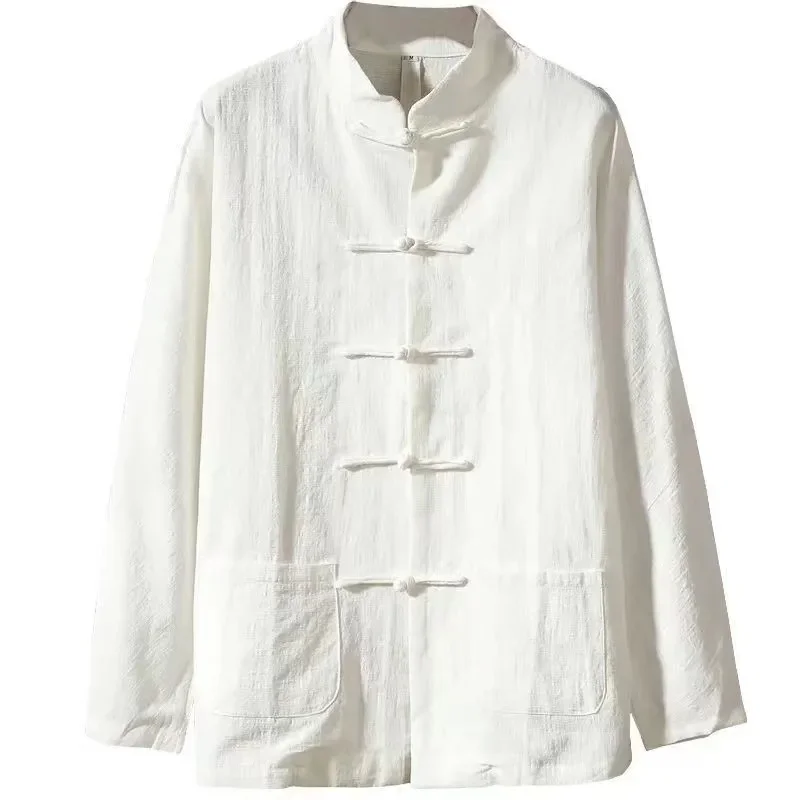 XXXXXL Plus Size Men Cotton Linen Shier Autumn Spring Men Collarless Long Sleeve Frog Button Loose Blouse Tops Oversized M-5XL