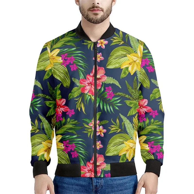 thumbnail image 1 of Chaqueta con cremallera y estampado 3D de flores hawaianas para hombre, sudaderas con estampado de plantas tropicales, abrigos bombarderos de gran tamaño y mangas largas, 1 of 4