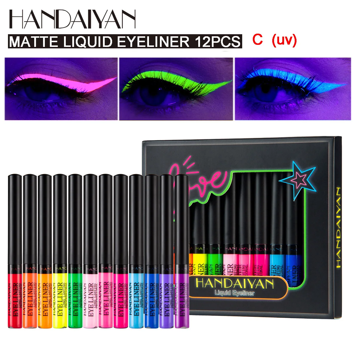 12 Colors Neon Eyeliner Pen Kit UV Light Pastels Pastel-Black Light Eye Makeup Waterproof Liquid Eyeliner Pencil Set Cosmetics eyeliner pencils liquid eyeliner eyeliner pen