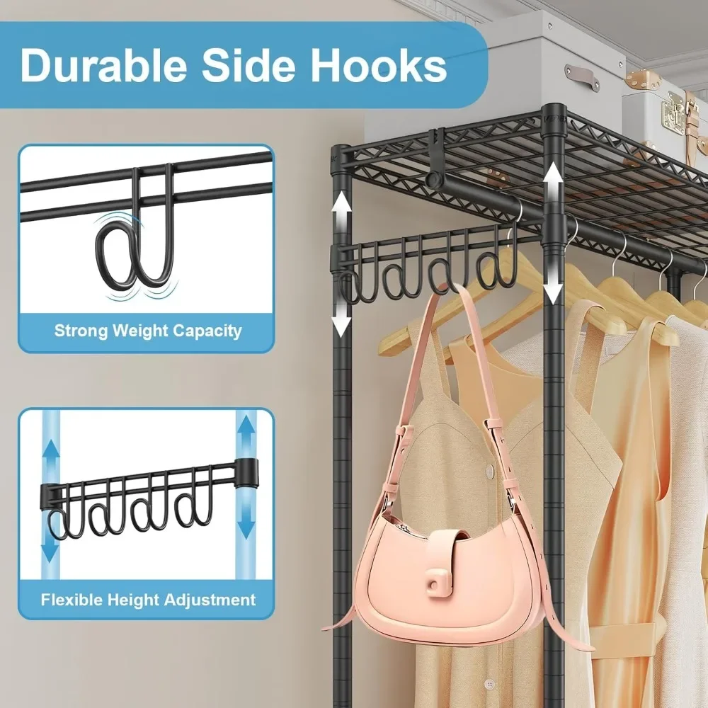 New2025-R2 Plus Heavy Duty Rolling Garment Rack 3 Tiers Adjustable Wire Shelving Clothes Rack with Double Rods and Side Hooks, F