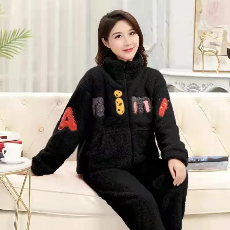 2024 New Coral Velvet Pajamas for Women in Autumn Winter Loungewear Thickened Warm Plush Sleepwear Flannel Zippered Homewear Set