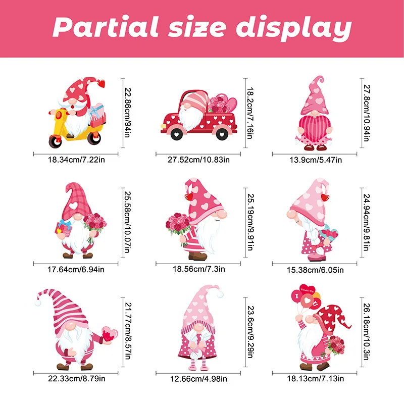 9Sheets Valentines Day Window Stickers Cartoon Gnome I Love U Heart Shape Glass Stickers Decals Wedding Party Home Decoration