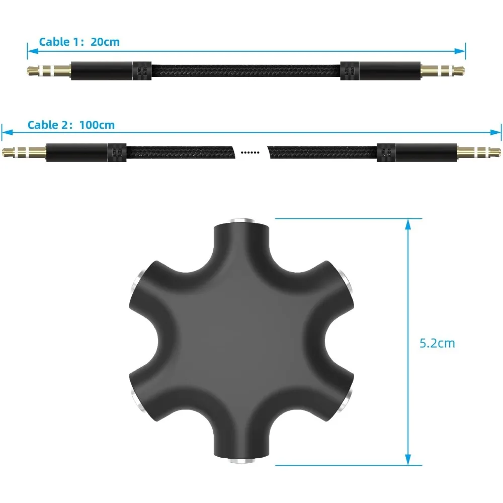 5 in 13.5mm Multi Headphone Audio Splitter 5-Jack Female Connector Adapter with 3.5mm Stereo Cable 20cm & 100cm,3-in-1Pack